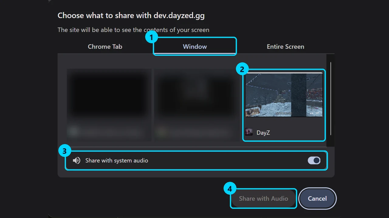 Chrome's share window: the Window tab, the DayZ window, Share with system audio switched on, Share with Audio