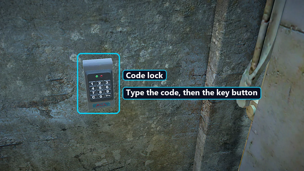 The code lock keypad beside a bunker door: type the code, then the key button