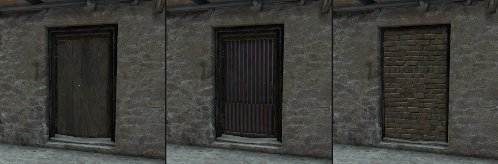 One doorway three ways: wooden door, metal door, brick barricade