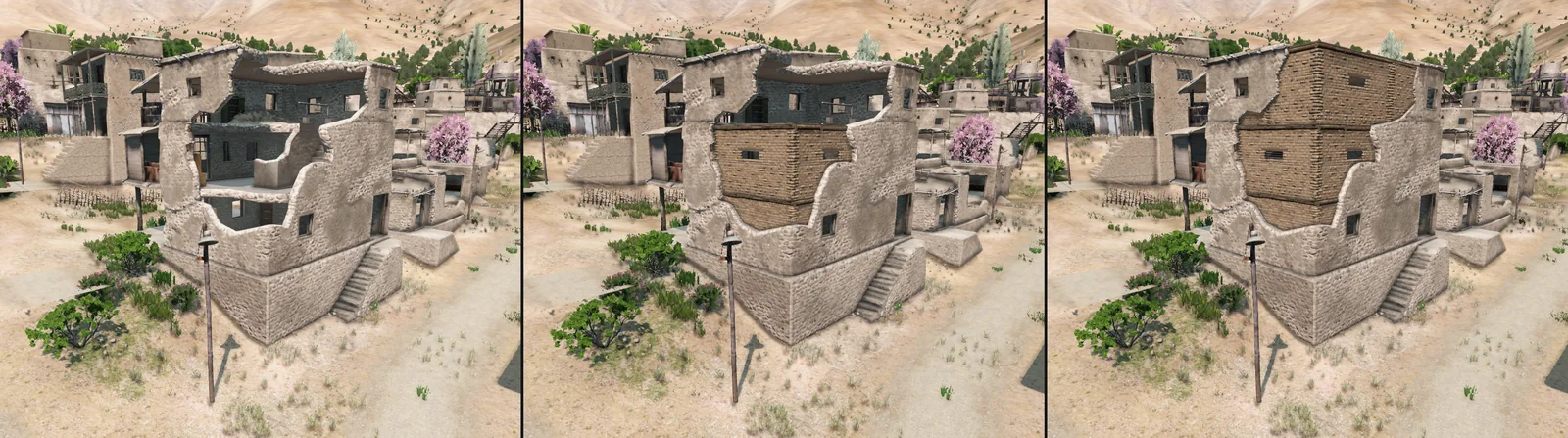 A three-storey ruin as found, with its second floor rebuilt, and finished to the top