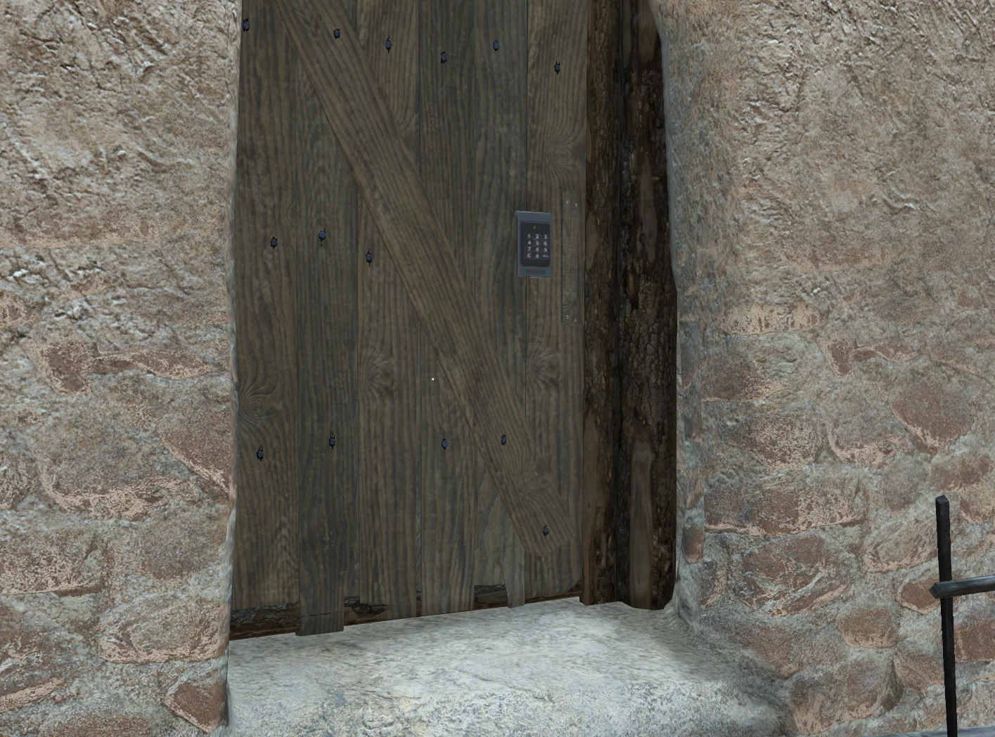 A Digital Code Lock on a rebuilt wooden door